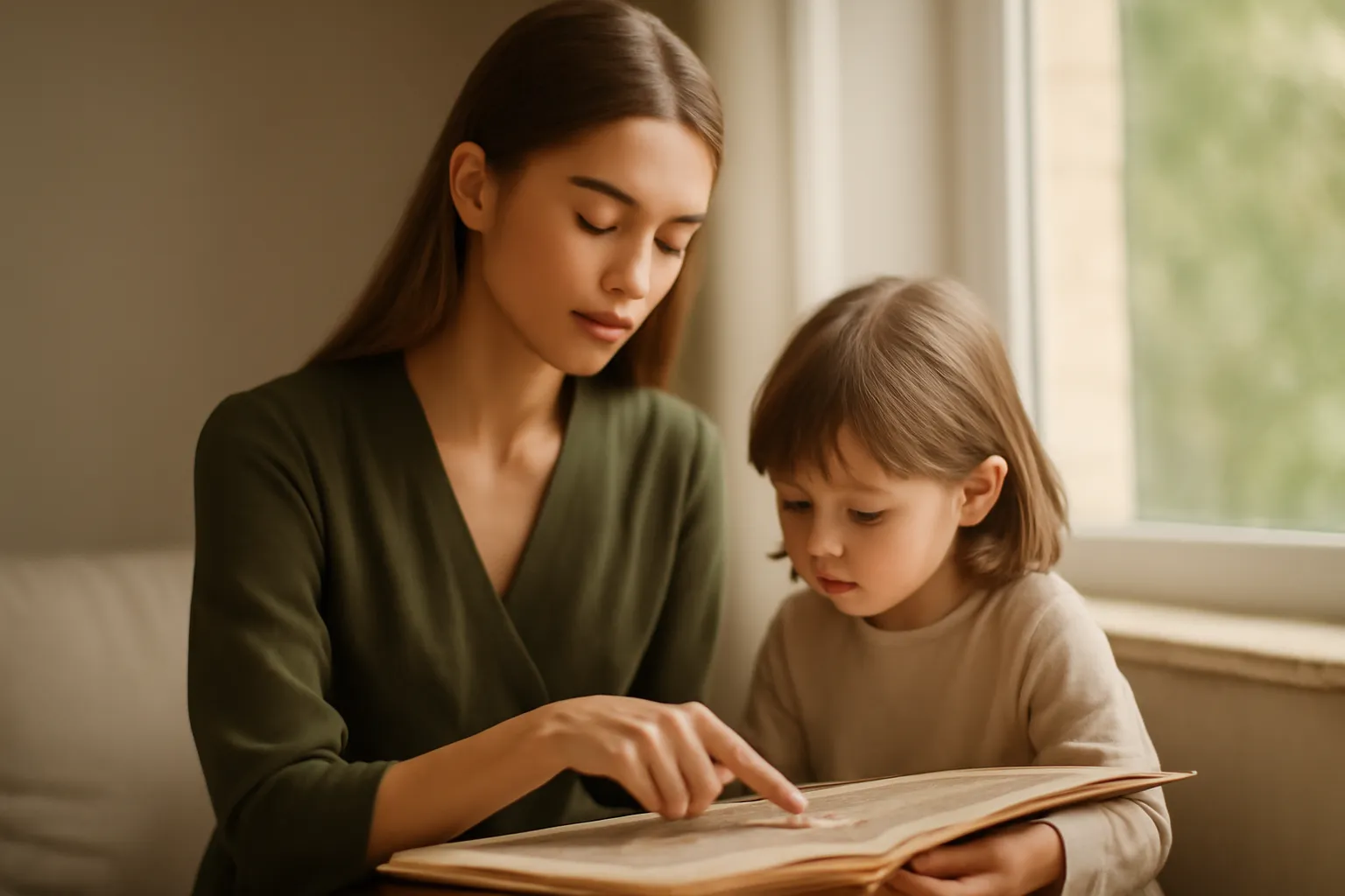 Une jeune femme désignant un détail d'illustration à un enfant attentif