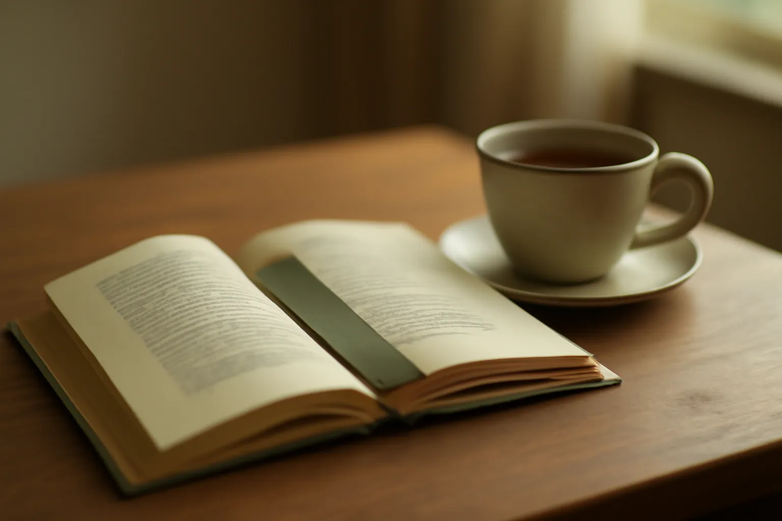 Une anthologie de poésie ouverte sur une table, à côté d'une tasse de thé