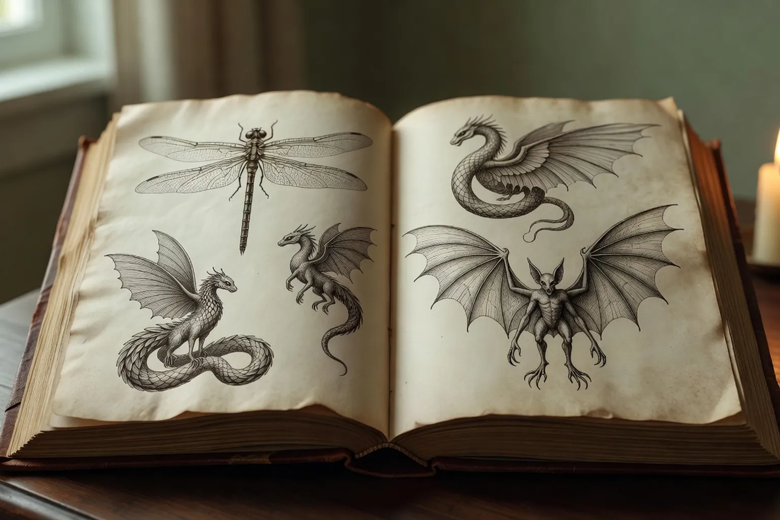 Un grand livre illustré ouvert montrant des planches gravées de créatures imaginaires