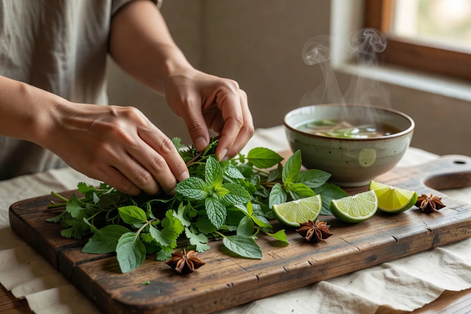 Des herbes fraîches, un citron vert et des épices disposés près d'un bol fumant