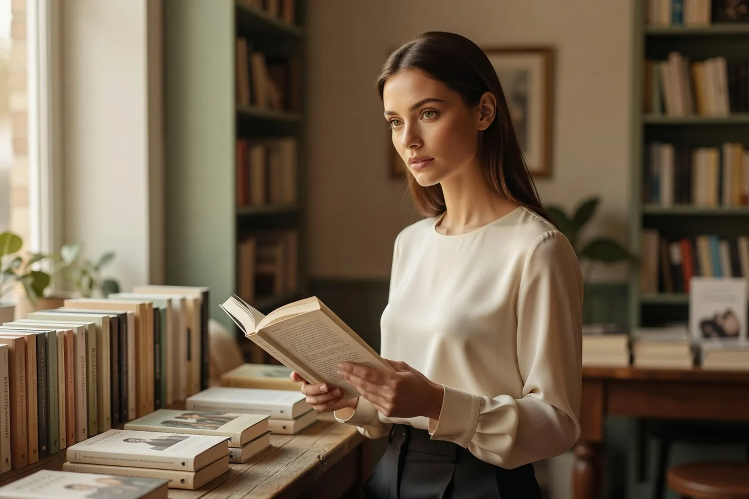 Une lectrice ouvrant un premier roman sur une table de nouveautés