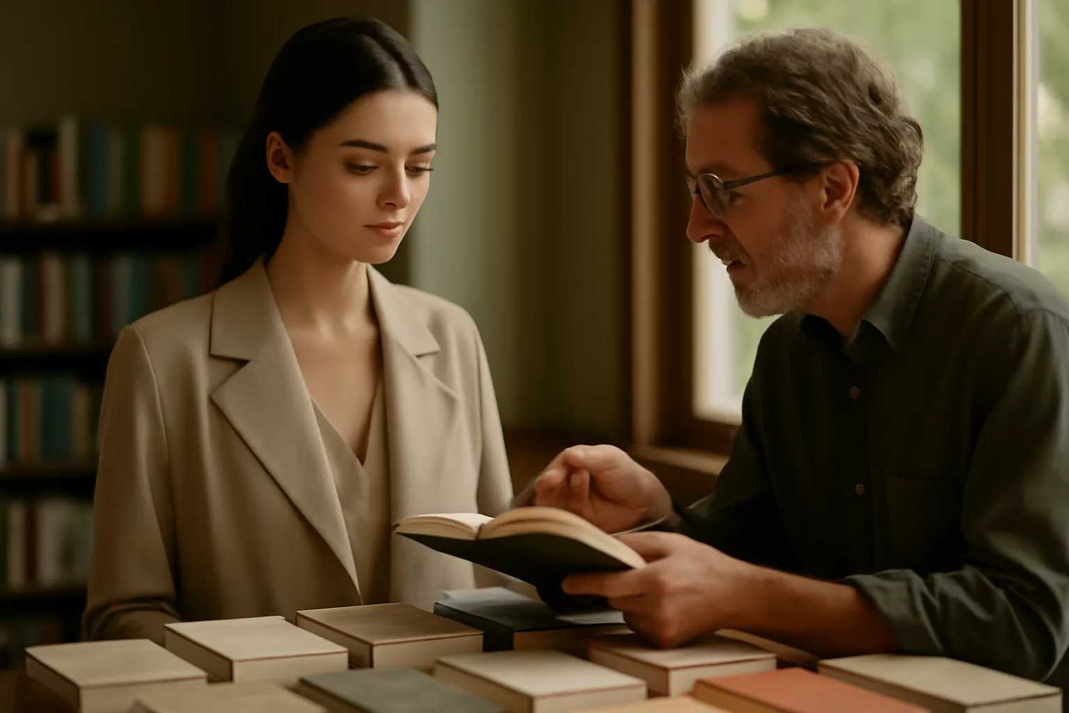 Une libraire conseillant une lectrice devant une table de nouveautés