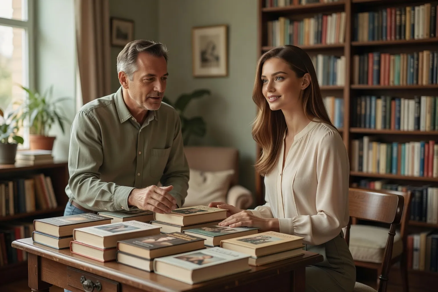Une femme en conversation avec une libraire devant une table de nouveautés
