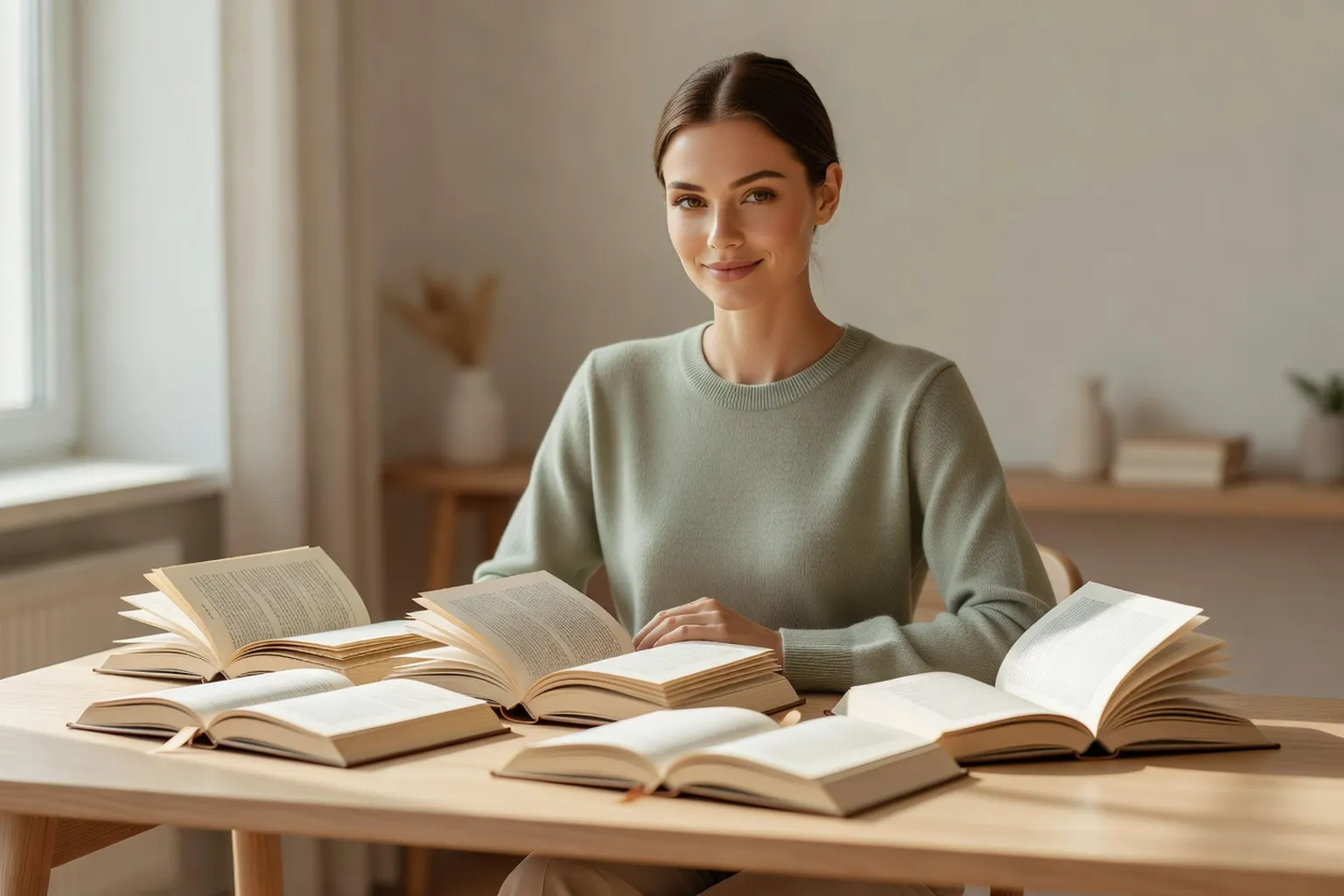 Une jeune femme entourée de plusieurs livres ouverts sur une table de bois clair
