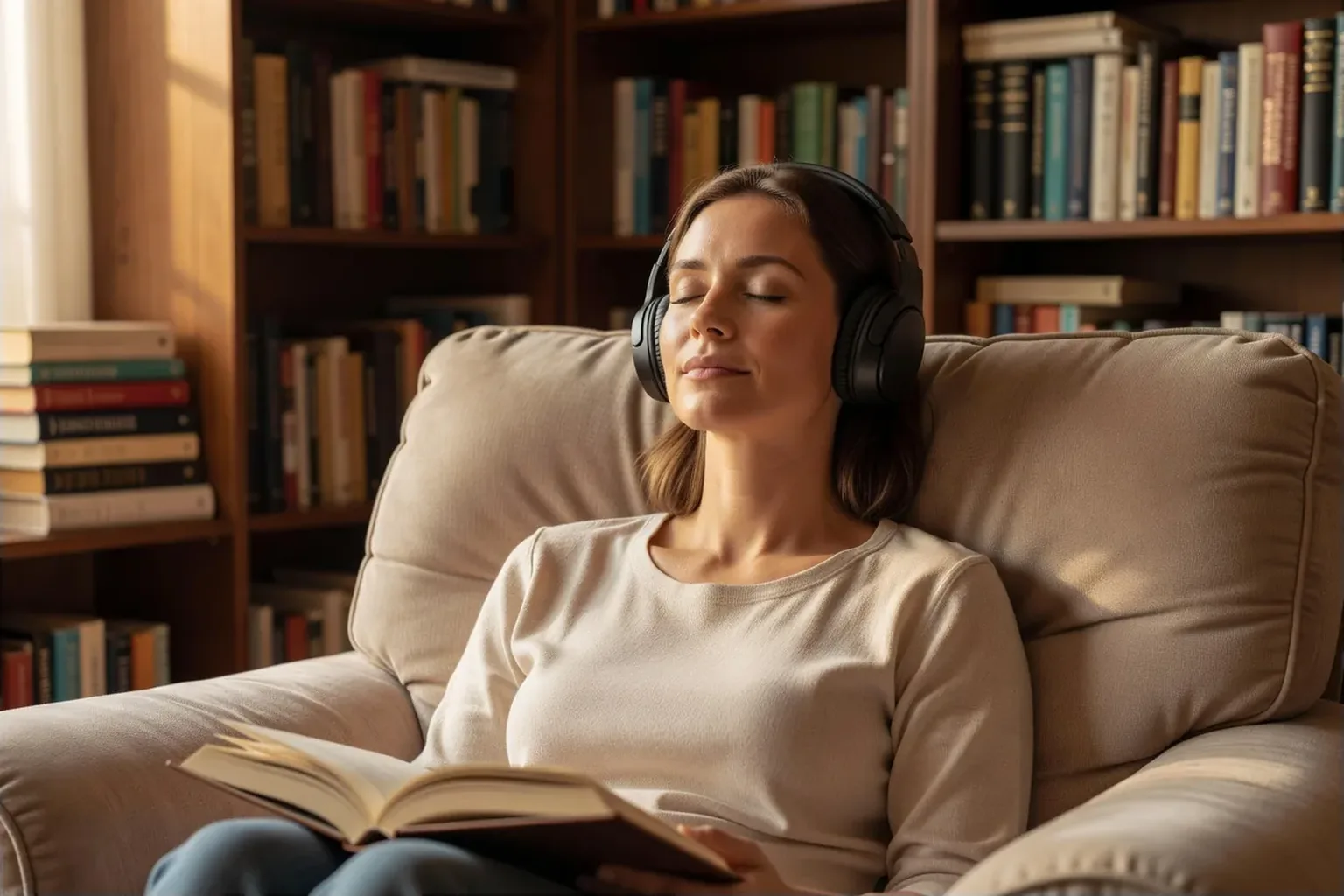 Une femme écoutant un livre audio au casque, un livre ouvert posé sur ses genoux