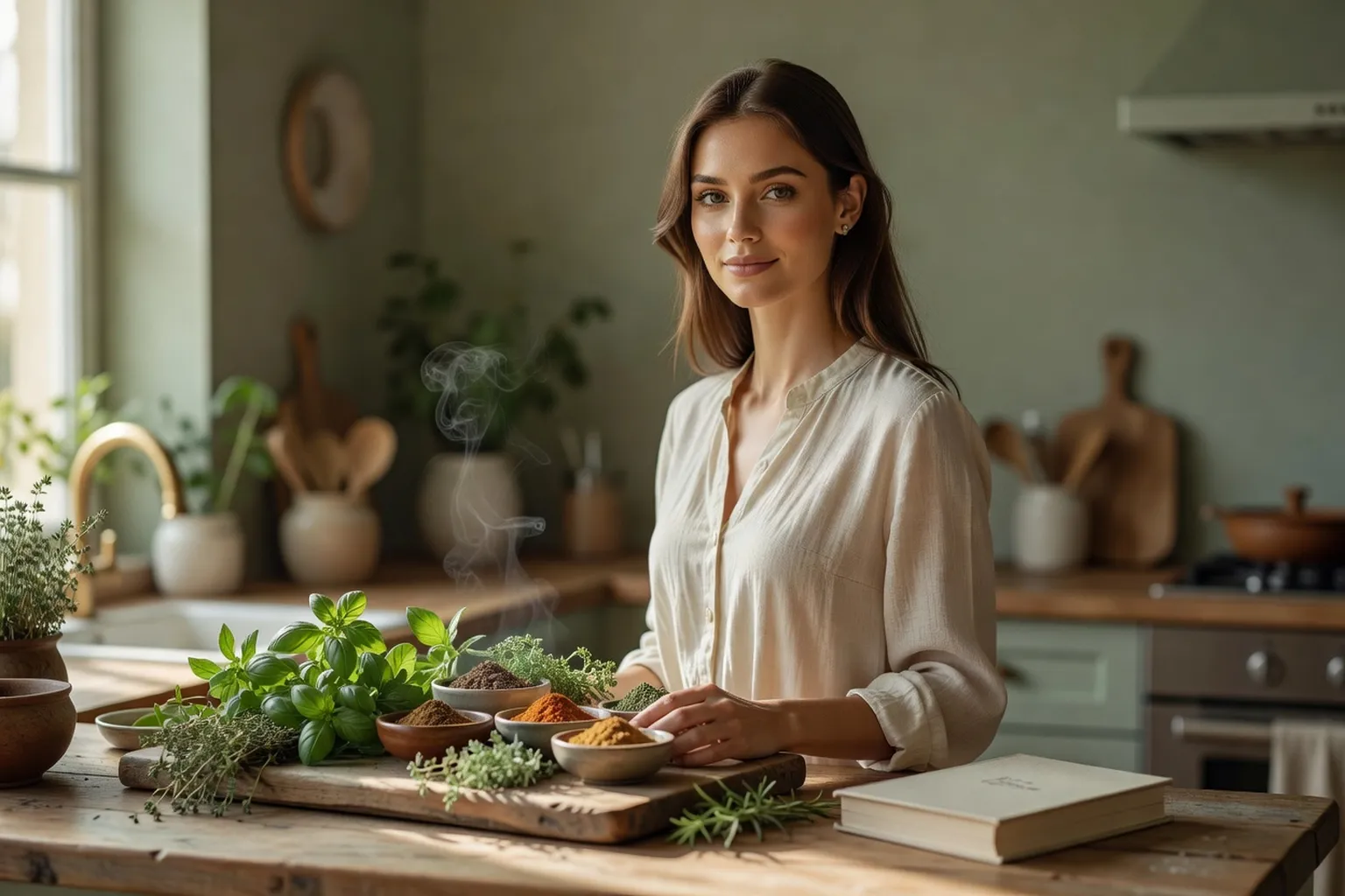 Une femme dans une cuisine lumineuse, herbes fraîches et épices disposées devant elle
